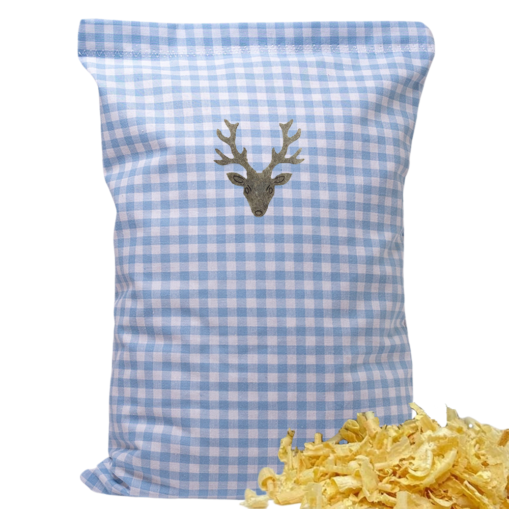 Baumwoll Zirbenkissen hellblau/weiß kariert mit versch. Hirschkopf-Motiven - 30x20 cm