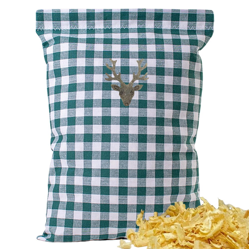Baumwoll Zirbenkissen grün/weiß großkariert mit versch. Hirschkopf-Motiven - 30x20 cm
