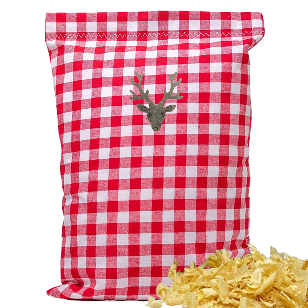 Baumwoll Zirbenkissen rot/weiß großkariert mit versch. Hirschkopf-Motiven - 30x20 cm