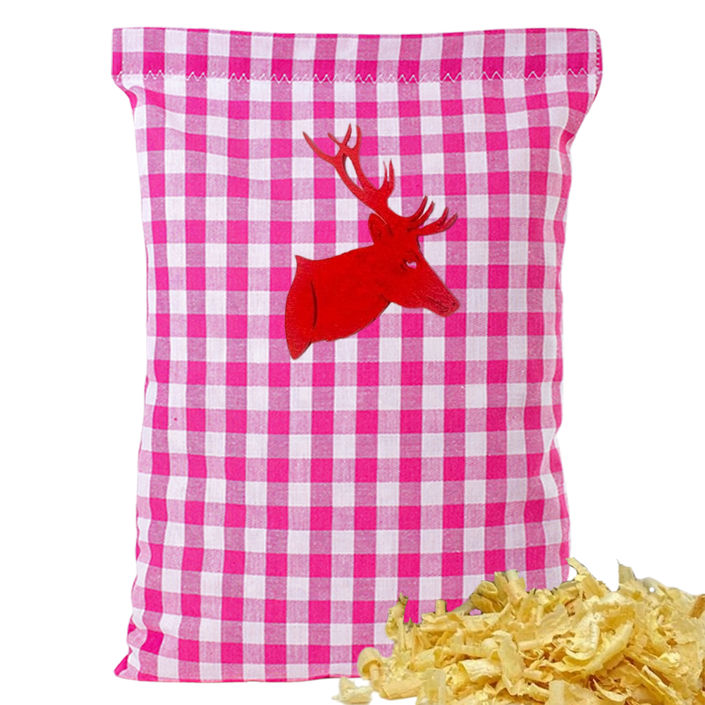 Baumwoll Zirbenkissen pink/weiß großkariert mit versch. Hirschkopf-Motiven - 30x20 cm