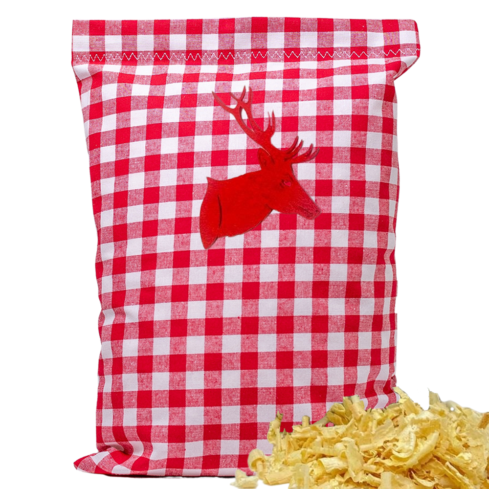Baumwoll Zirbenkissen rot/weiß großkariert mit versch. Hirschkopf-Motiven - 30x20 cm