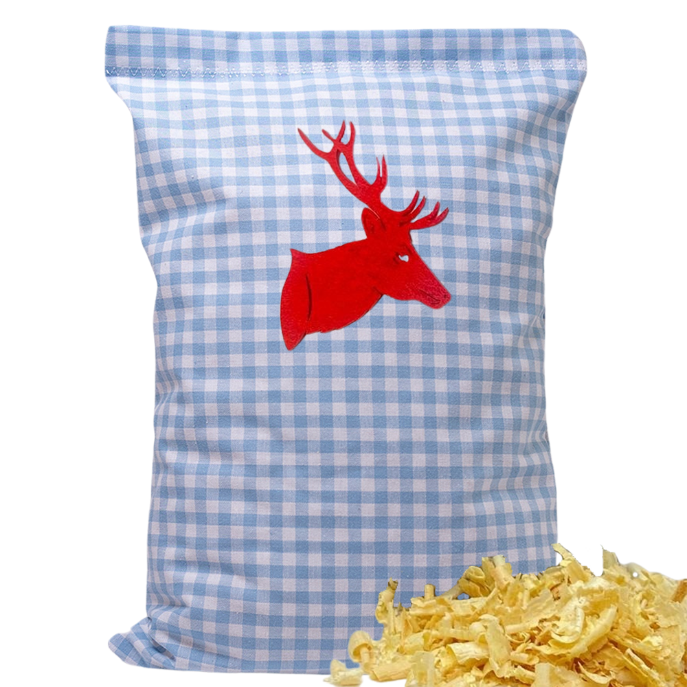 Baumwoll Zirbenkissen hellblau/weiß kariert mit versch. Hirschkopf-Motiven - 30x20 cm