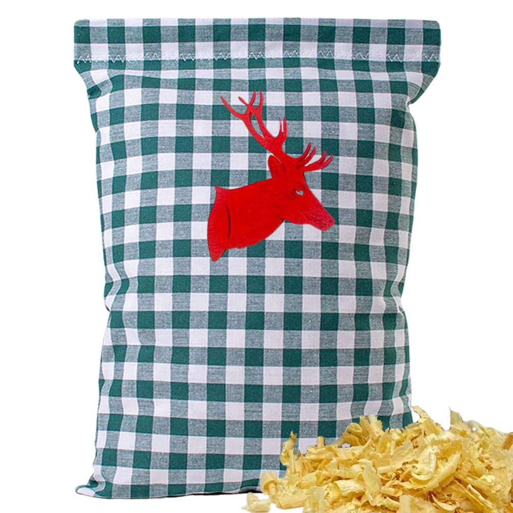 Baumwoll Zirbenkissen grün/weiß großkariert mit versch. Hirschkopf-Motiven - 30x20 cm