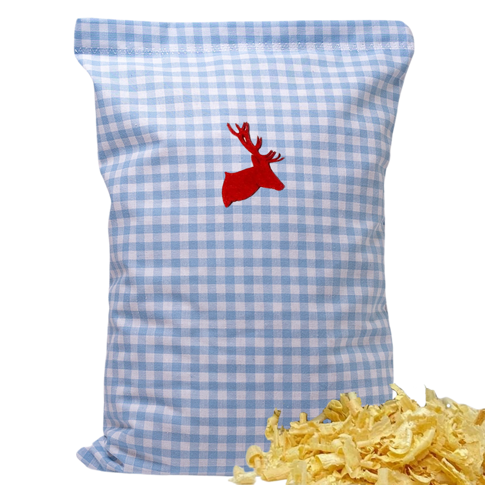 Baumwoll Zirbenkissen hellblau/weiß kariert mit versch. Hirschkopf-Motiven - 30x20 cm