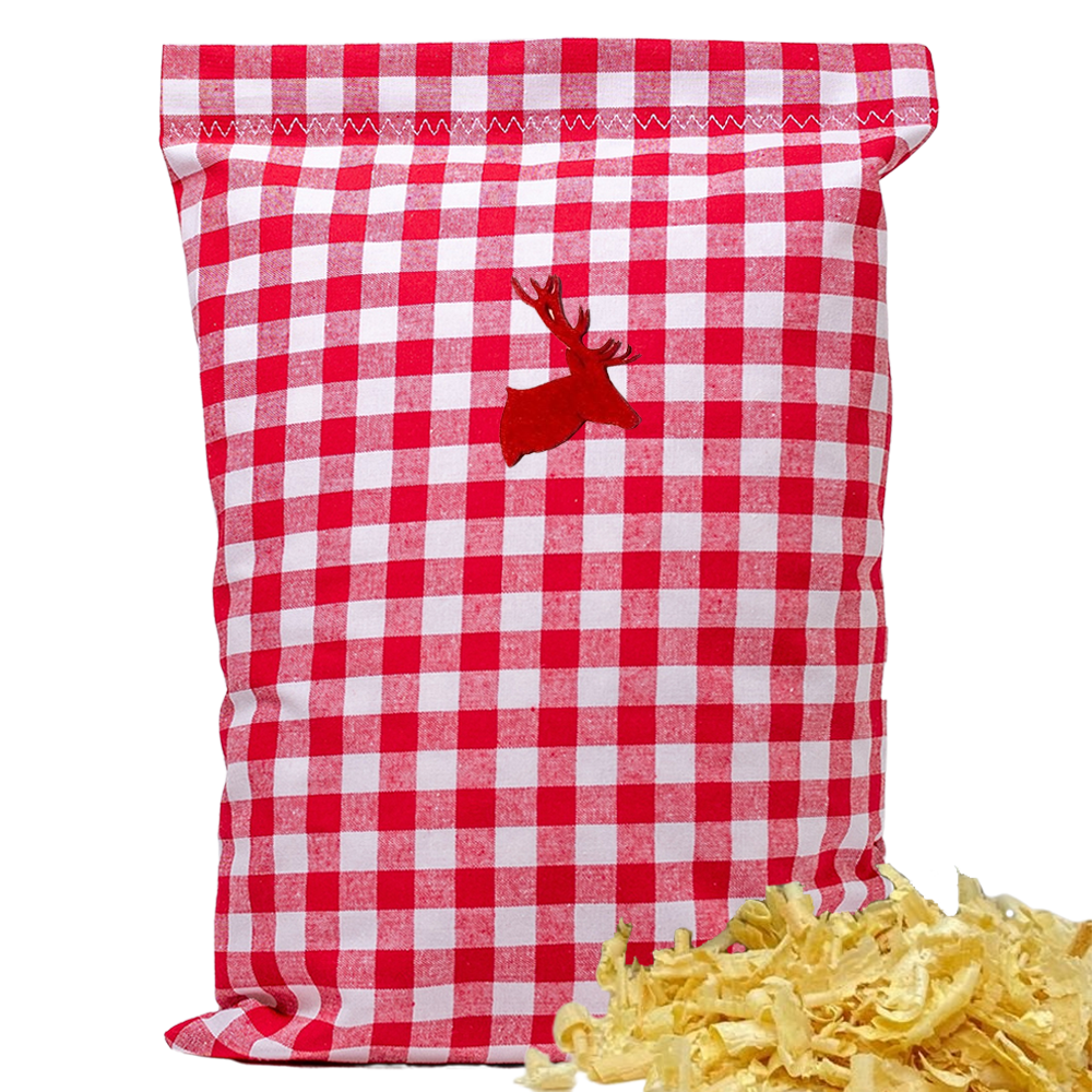Baumwoll Zirbenkissen rot/weiß großkariert mit versch. Hirschkopf-Motiven - 30x20 cm