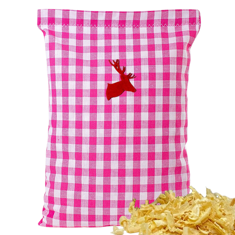 Baumwoll Zirbenkissen pink/weiß großkariert mit versch. Hirschkopf-Motiven - 30x20 cm