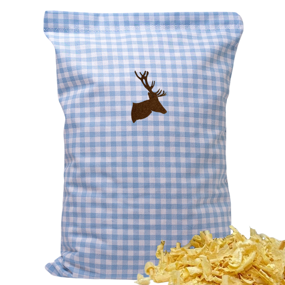 Baumwoll Zirbenkissen hellblau/weiß kariert mit versch. Hirschkopf-Motiven - 30x20 cm