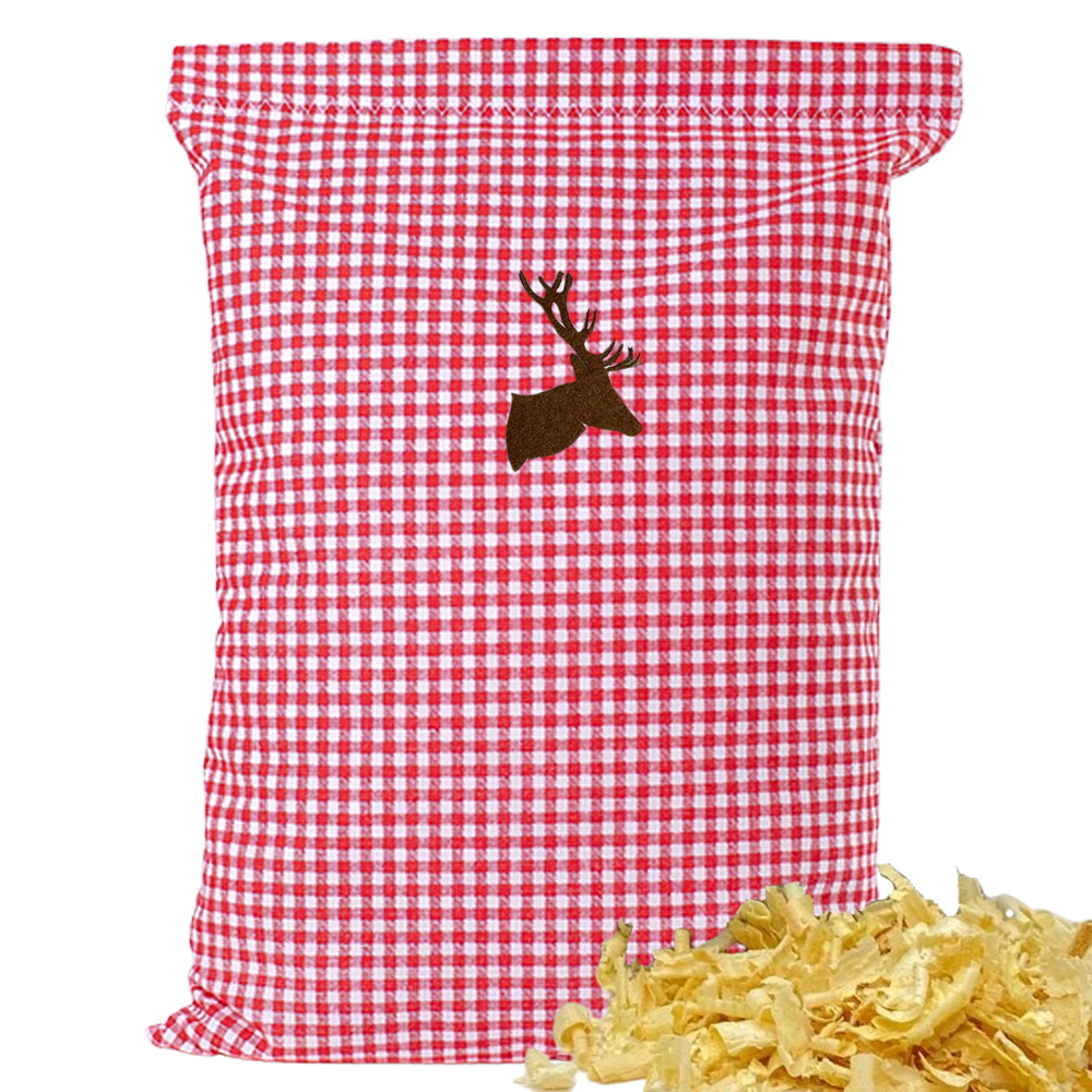 Baumwoll Zirbenkissen rot/weiß kleinkariert mit versch. Hirschkopf-Motiven - 30x20 cm
