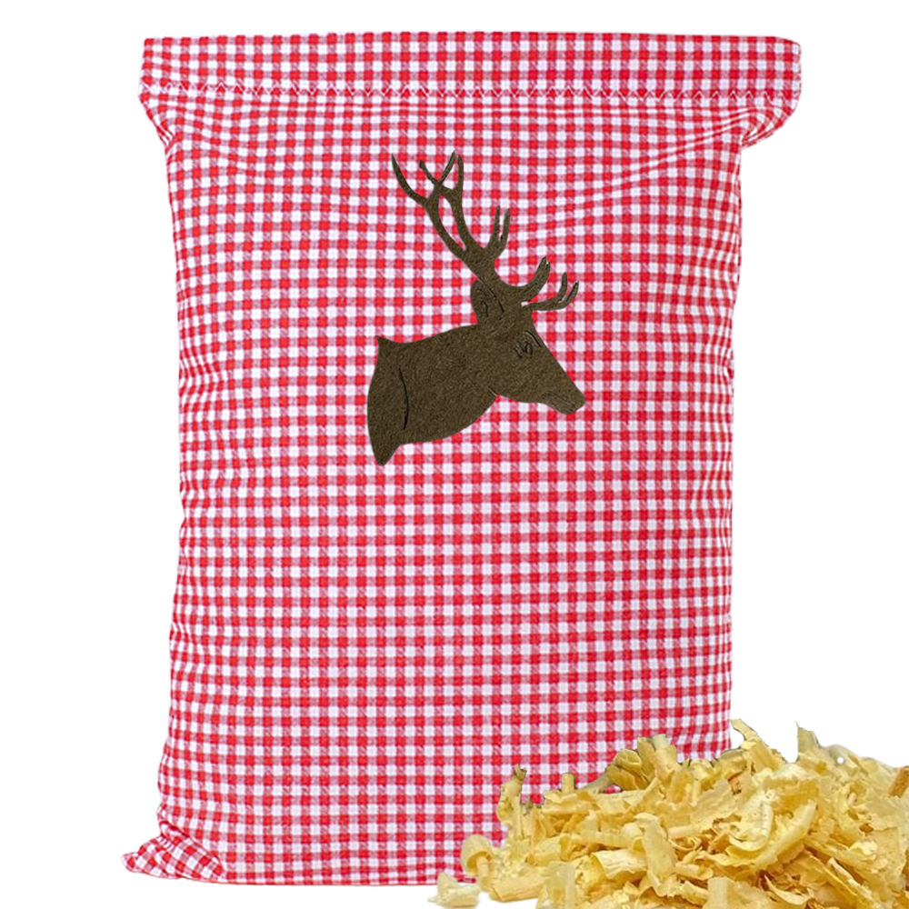 Baumwoll Zirbenkissen rot/weiß kleinkariert mit versch. Hirschkopf-Motiven - 30x20 cm