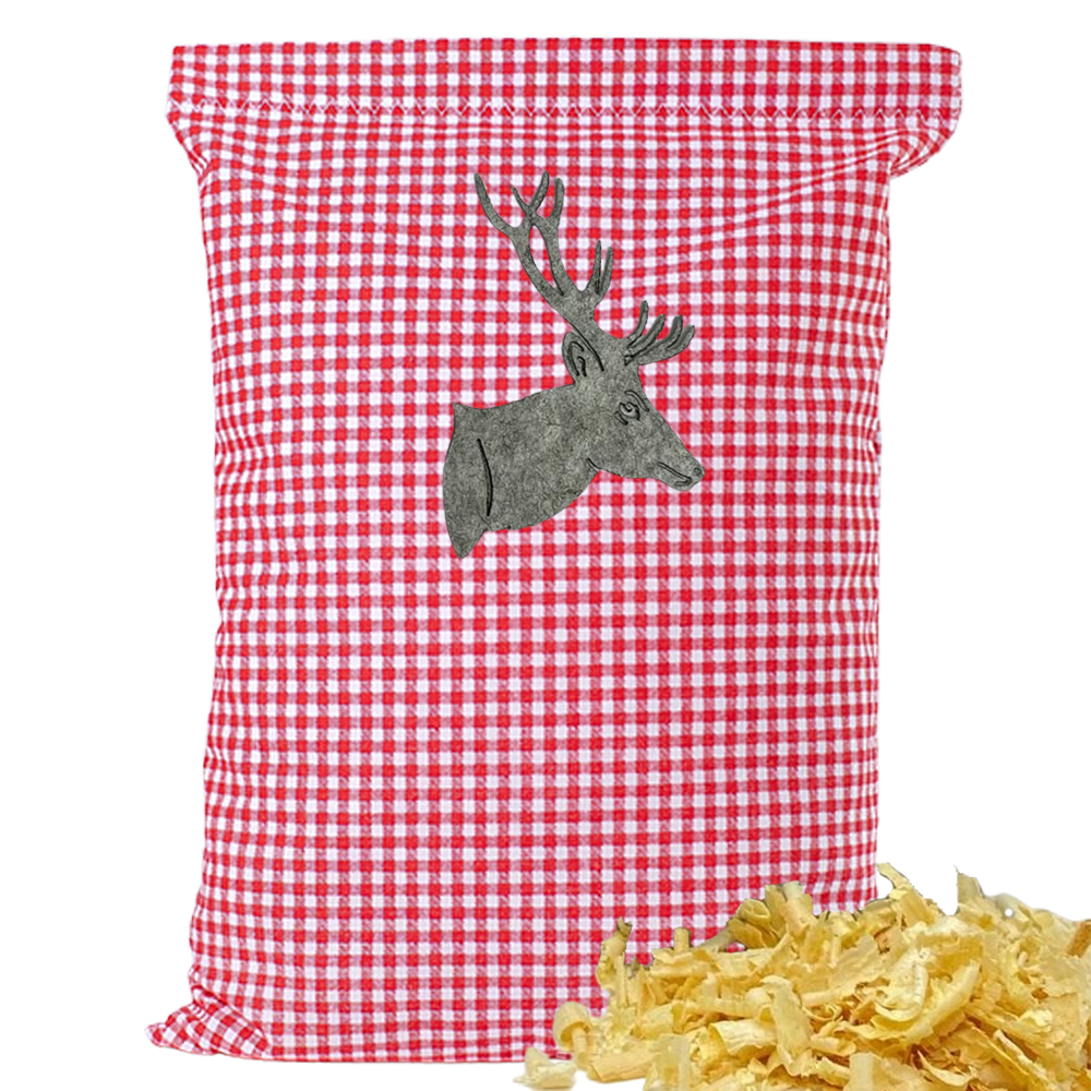 Baumwoll Zirbenkissen rot/weiß kleinkariert mit versch. Hirschkopf-Motiven - 30x20 cm