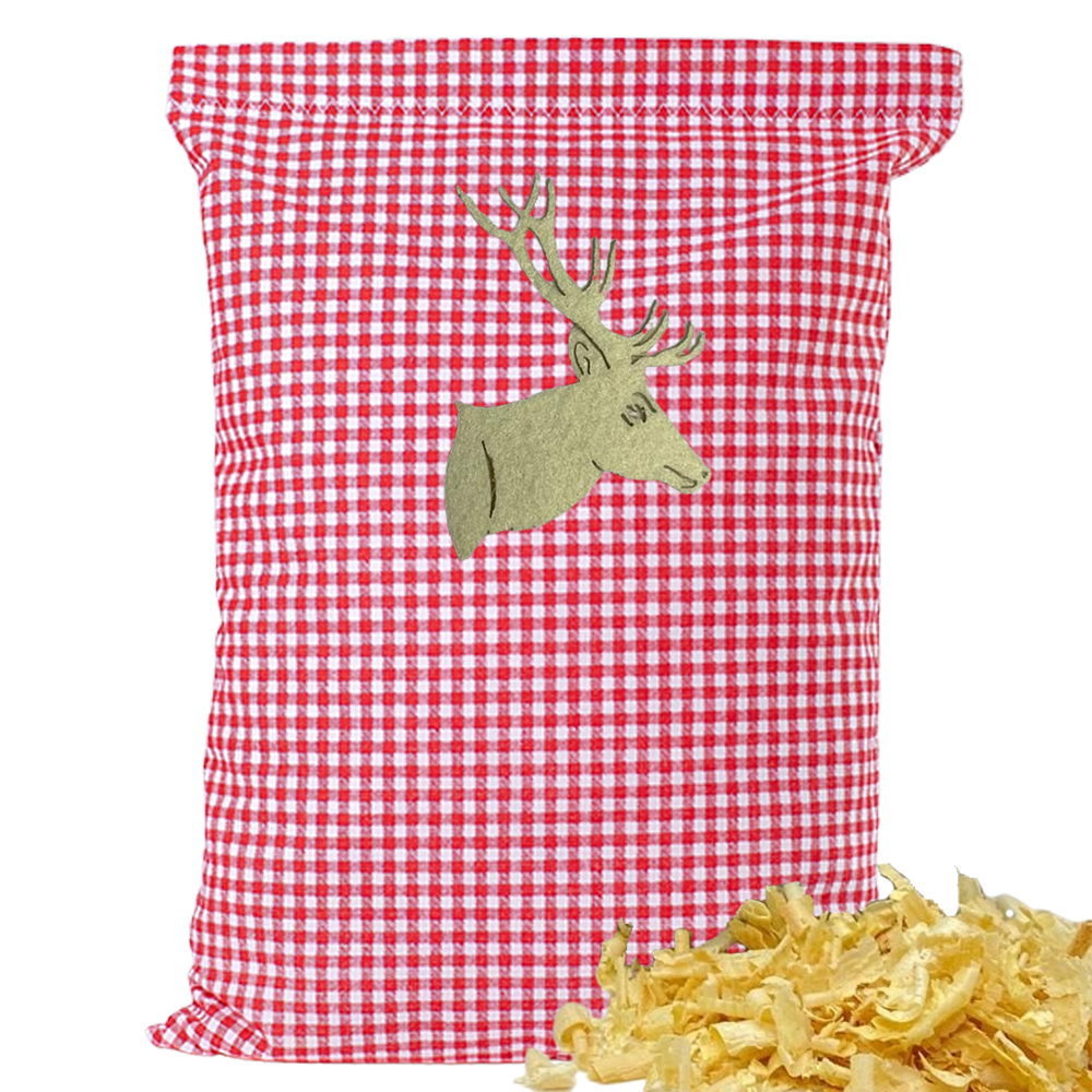 Baumwoll Zirbenkissen rot/weiß kleinkariert mit versch. Hirschkopf-Motiven - 30x20 cm