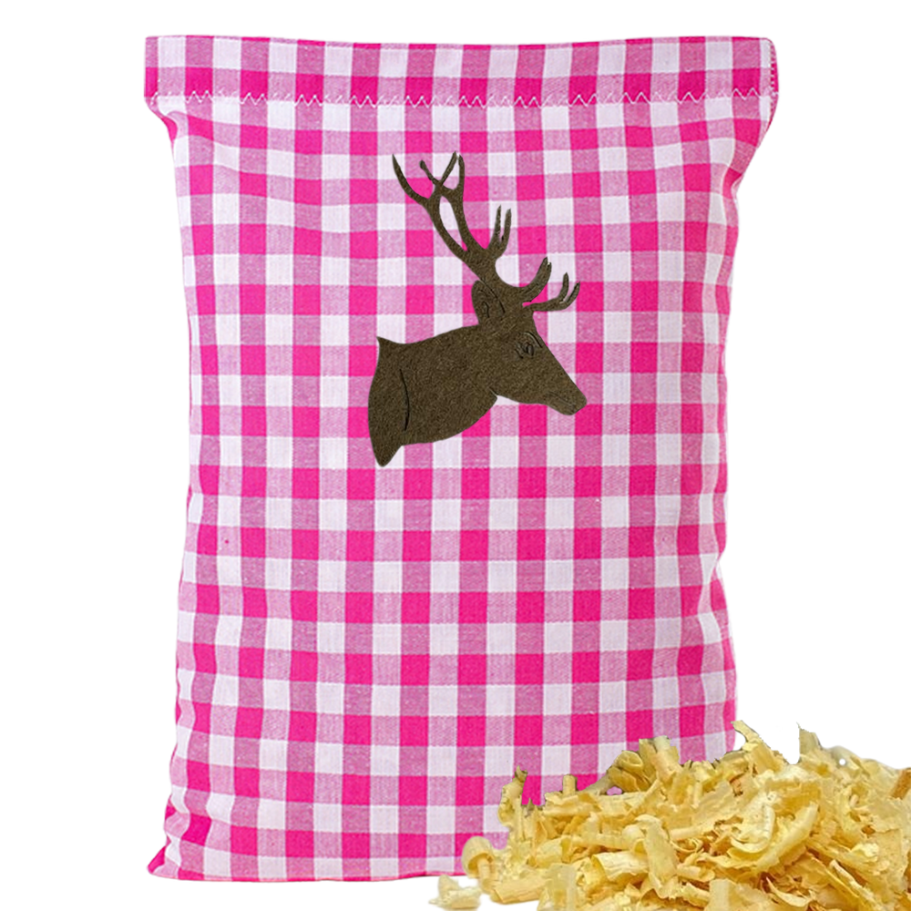 Baumwoll Zirbenkissen pink/weiß großkariert mit versch. Hirschkopf-Motiven - 30x20 cm
