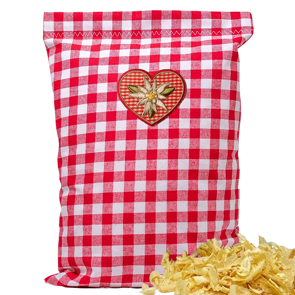 Baumwoll Zirbenkissen rot/weiß großkariert mit versch. Herz-Motiven - 30x20 cm
