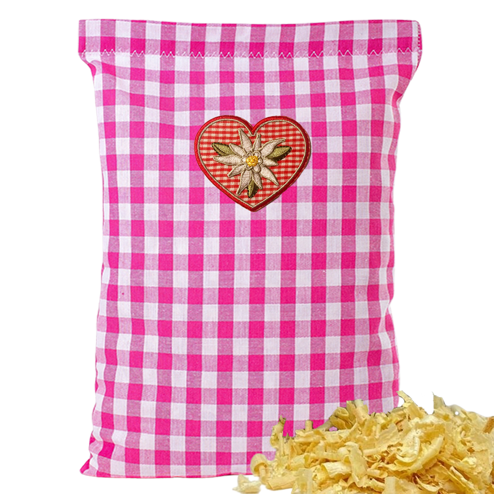 Baumwoll Zirbenkissen pink/weiß großkariert mit versch. Herz-Motiven - 30x20 cm