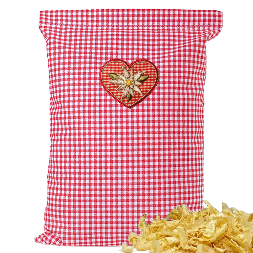 Baumwoll Zirbenkissen rot/weiß kleinkariert mit versch. Herz-Motiven - 30x20 cm