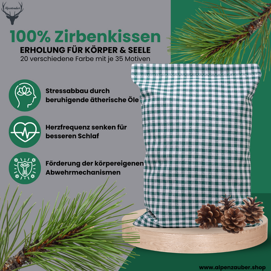 Zirbenkissen grün/weiß kariert - Hirschkopf-Motive - 30x20 cm