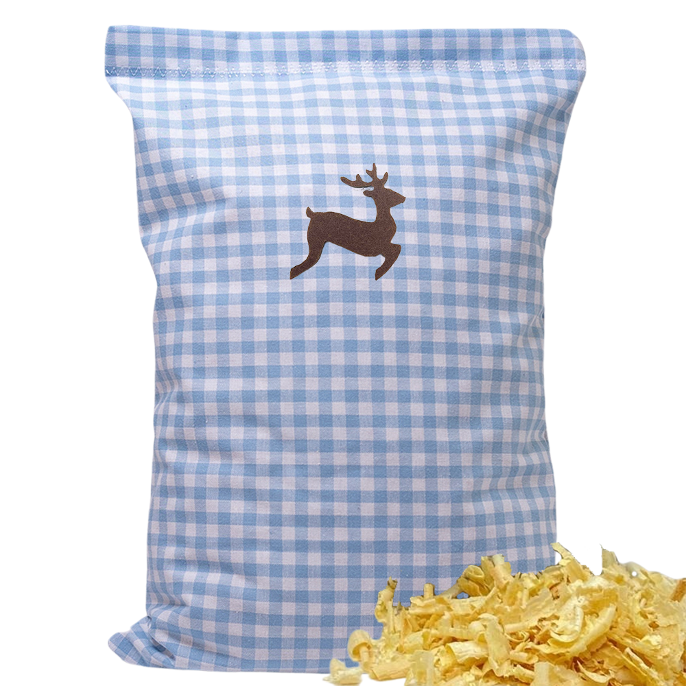 Baumwoll Zirbenkissen hellblau/weiß kariert mit versch. Hirsch-Motiven - 30x20 cm