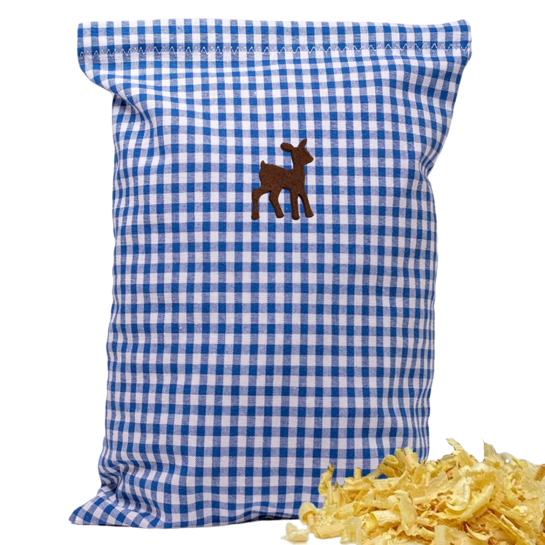 Zirbenkissen blau/weiß kariert - Rehkitz braun - 30x20 cm