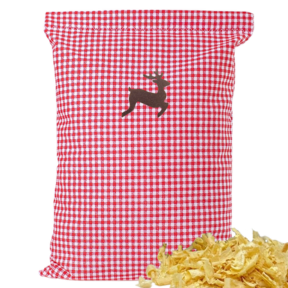 Baumwoll Zirbenkissen rot/weiß kleinkariert mit versch. Hirsch-Motiven - 30x20 cm