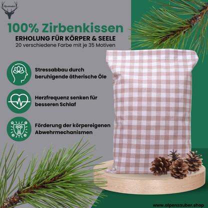 Baumwoll Zirbenkissen beige/weiß großkariert mit versch. Hirsch-Motiven - 30x20 cm